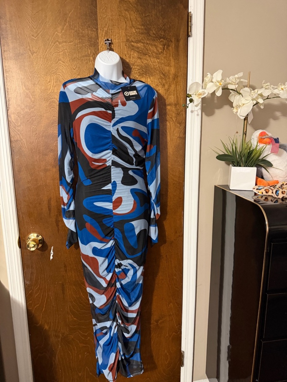 Abstract Blue Multi Ruched Long-Sleeve Jumpsuit